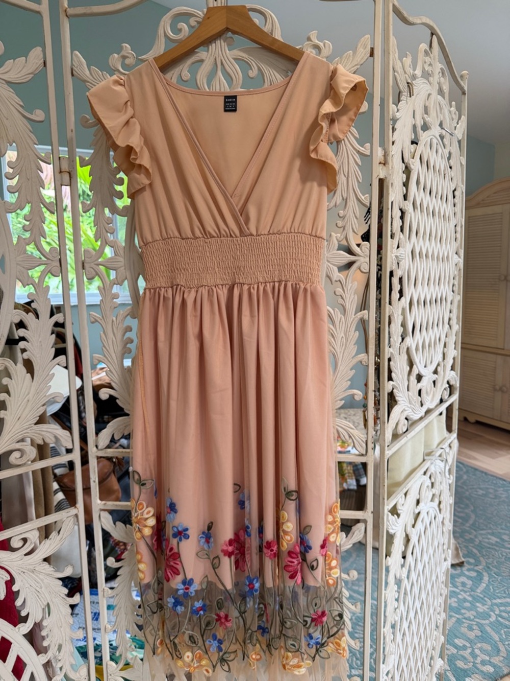 SHEIN Peach V-Neck Smocked Waist Dress